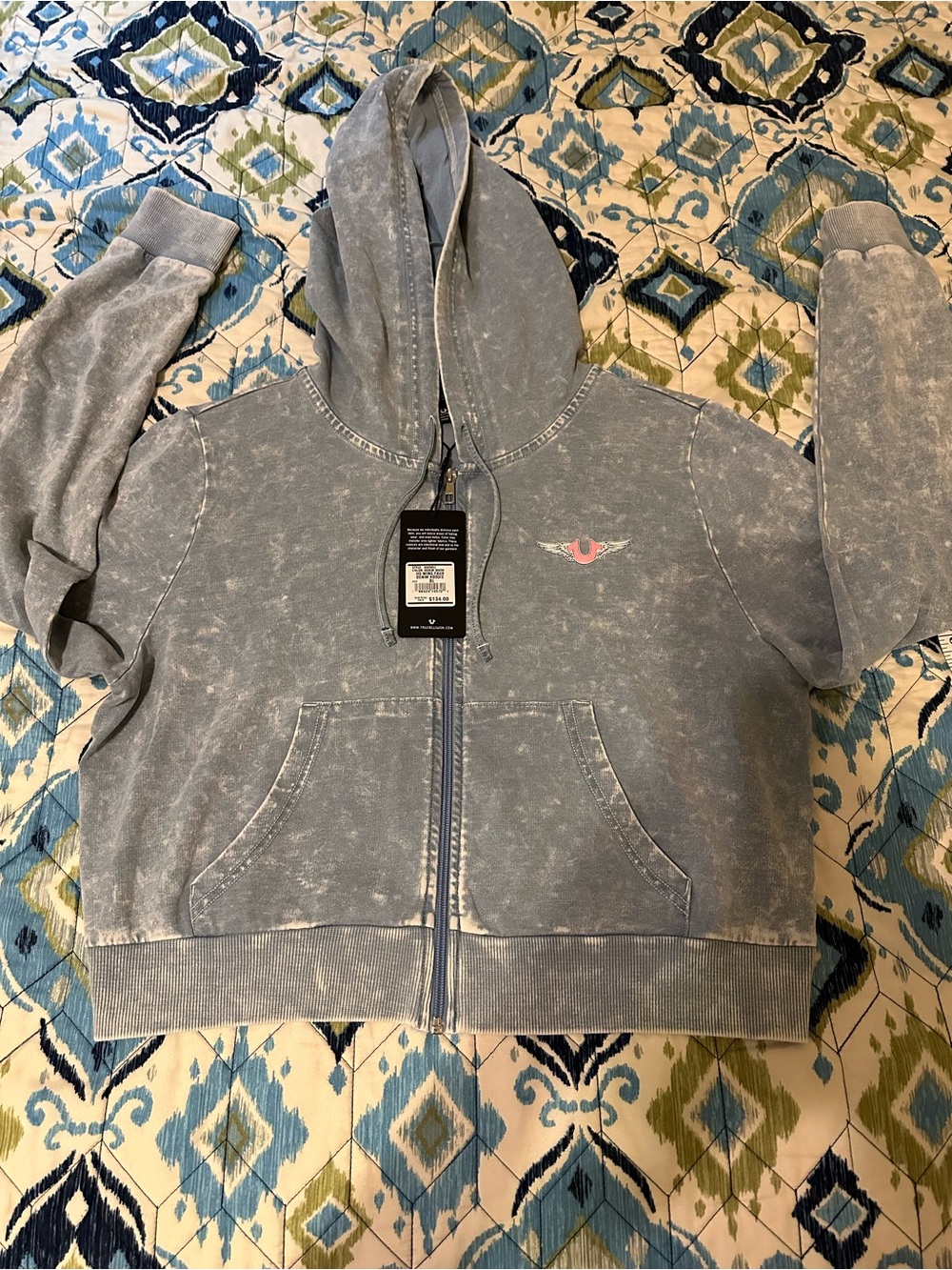True Religion Light Blue Acid Wash Hoodie with Pink Logo. Size XL NWT - Picture 6 of 10
